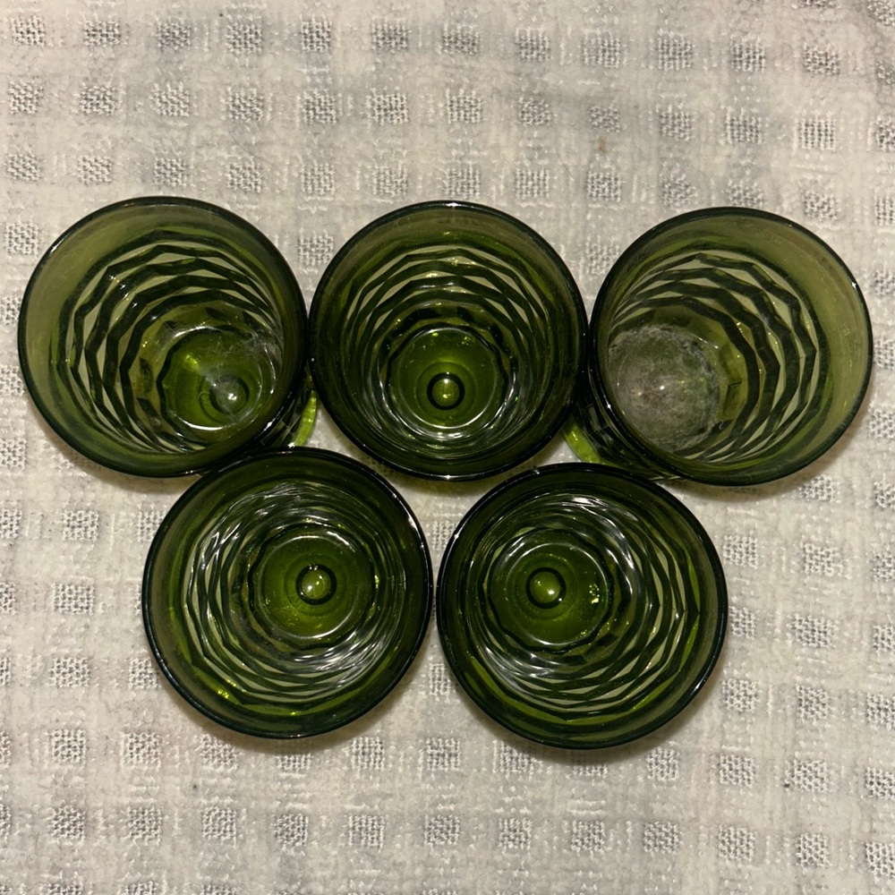 Vintage MCM Whitehall Indiana Colony green CUBIST Juice glasses X5 4oz Capacity
